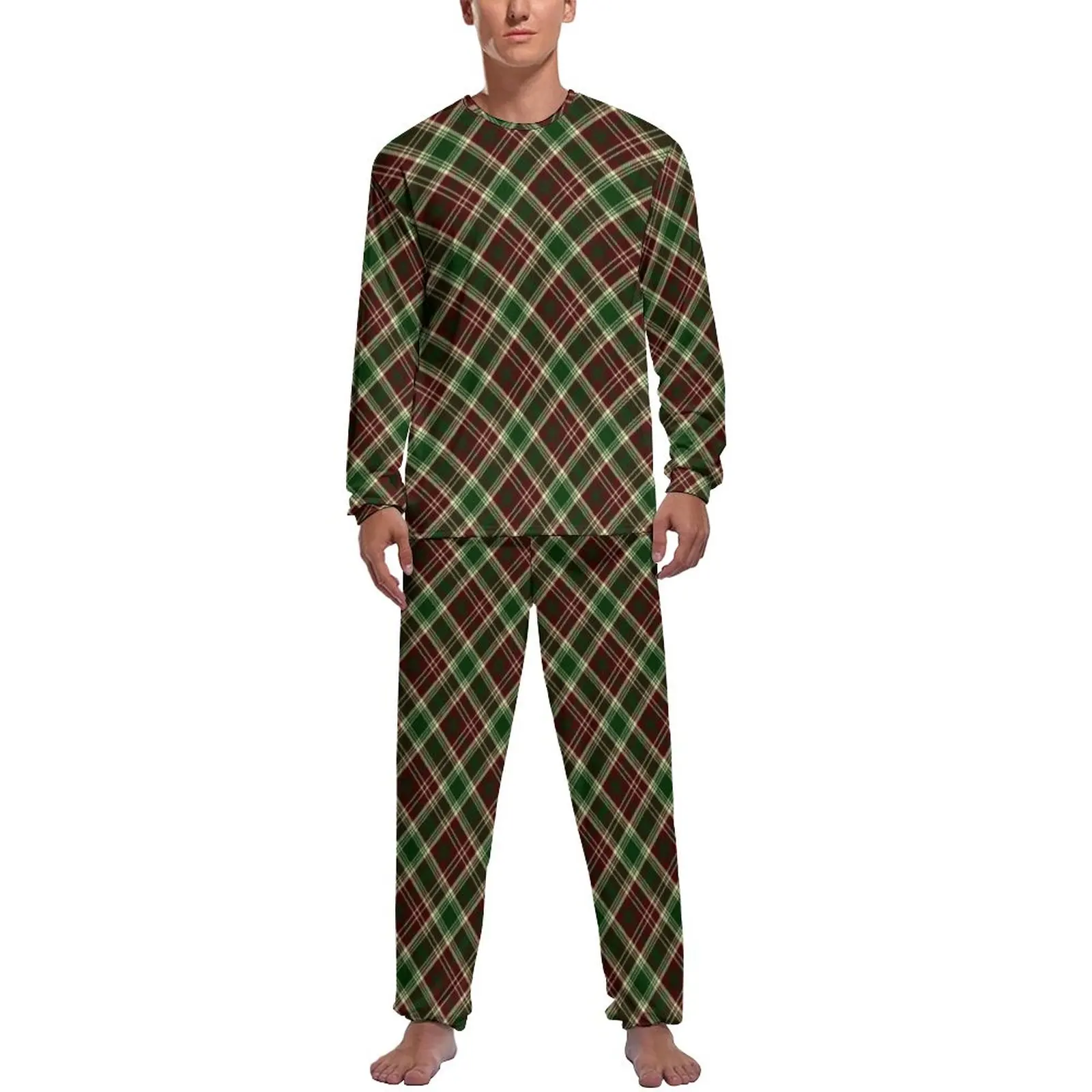 Madras Plaid Pajamas Red and Forest Green Male Long Sleeve Warm Pajama Sets 2 Pieces Leisure Daily Print Sleepwear Birthday Gift