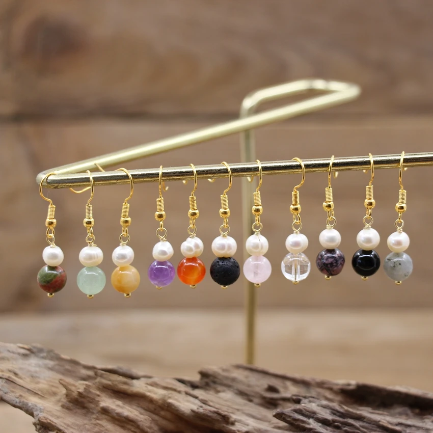 

Natural Pearl Earrings Round Crystal Fluorite Amethysts Stone Beads Dangle Reiki Hook Eardrop Women Bohemia Jewelry Gift QC7029