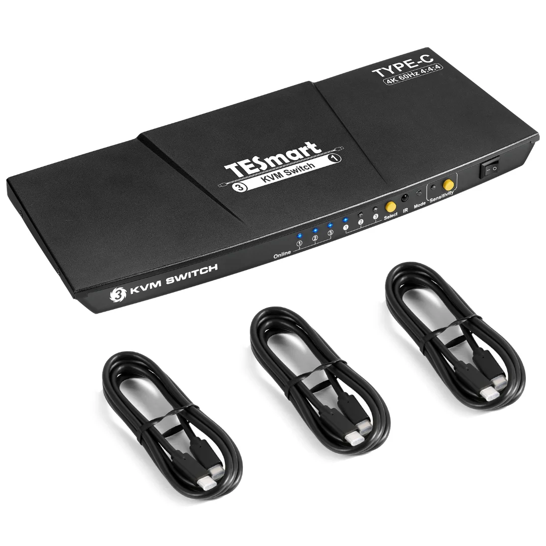 

TESmart 3 Computers Commutateurs USBC KVM Video Switcher 3 Ports 3 In 1 Out 3x1 Type-C 4K 60 Hertz HDMI USB KVM Switches