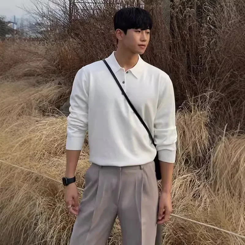 Винтажная однотонная рубашка-поло с длинным рукавом свитер для мужчин осенний