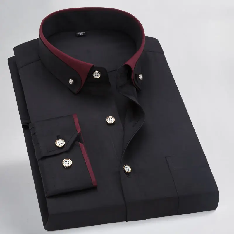 2022 New Spring and Autumn Korean Long Sleeve Double Neck Shirt Business Casual Slim Solid Breathable Middle Aged and Youth Shir