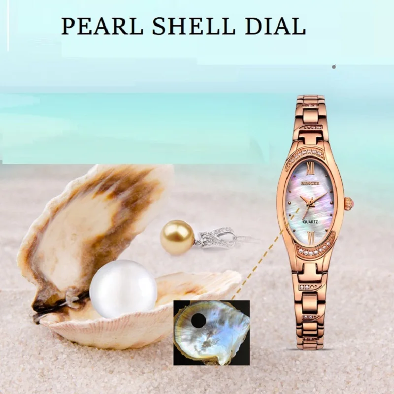 Switzerland Binger For Women Watch Miyota Quartz Wristwatch Pearl Shell Oval Dial Sapphire Crystal Diamond Ultra Montre Femme