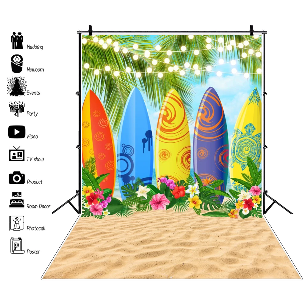 

Summer Hawaii Tropical Seaside Beach Backdrop Palm Tree Surfboard Luau Themed Party Portrait Photography Background Decor Supply