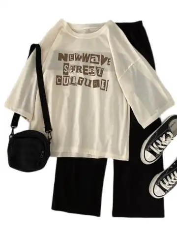 Повседневный комплект из двух предметов в стиле Харадзюку, женские хлопковые топы с коротким рукавом, футболки и брюки с широкими штанинами...