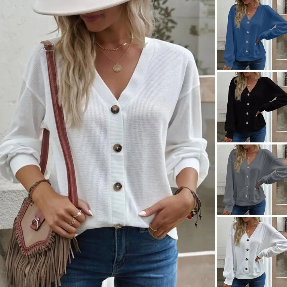 

Autumn Winter Women V-Neck Long Sleeve T-shirt Solid Color Loose Fit Single Breasted Waffle Texture Blouse Streetwear