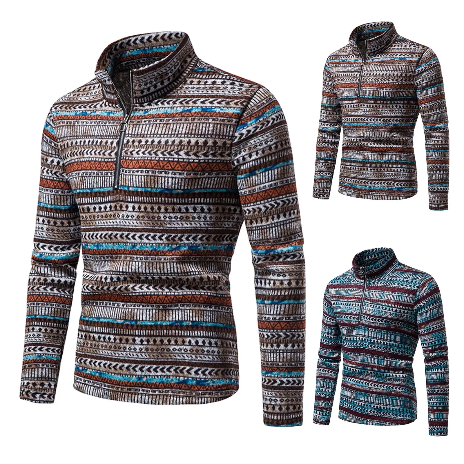 

NEW IN Men's Autumn And Winter Top Pullover Zipper Stand-up Collar Top Warm Ethnic Printing Long-sleeved Sweater Top
