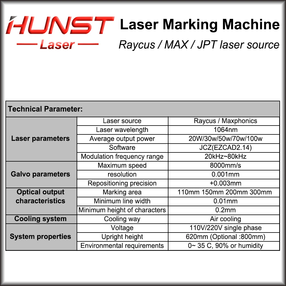 Оптоволоконная лазерная маркировочная машина Hunst JPT Raycus MAX 1064 нм 20/30/50 Вт BJJCZ