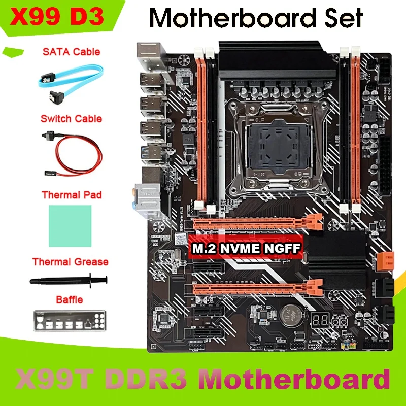 

X99 Motherboard+SATA Cable+Switch Cable+Baffle+Thermal Pad+Thermal Grease LGA2011 V3 M.2 NVME NGFF Support DDR3 4X16G