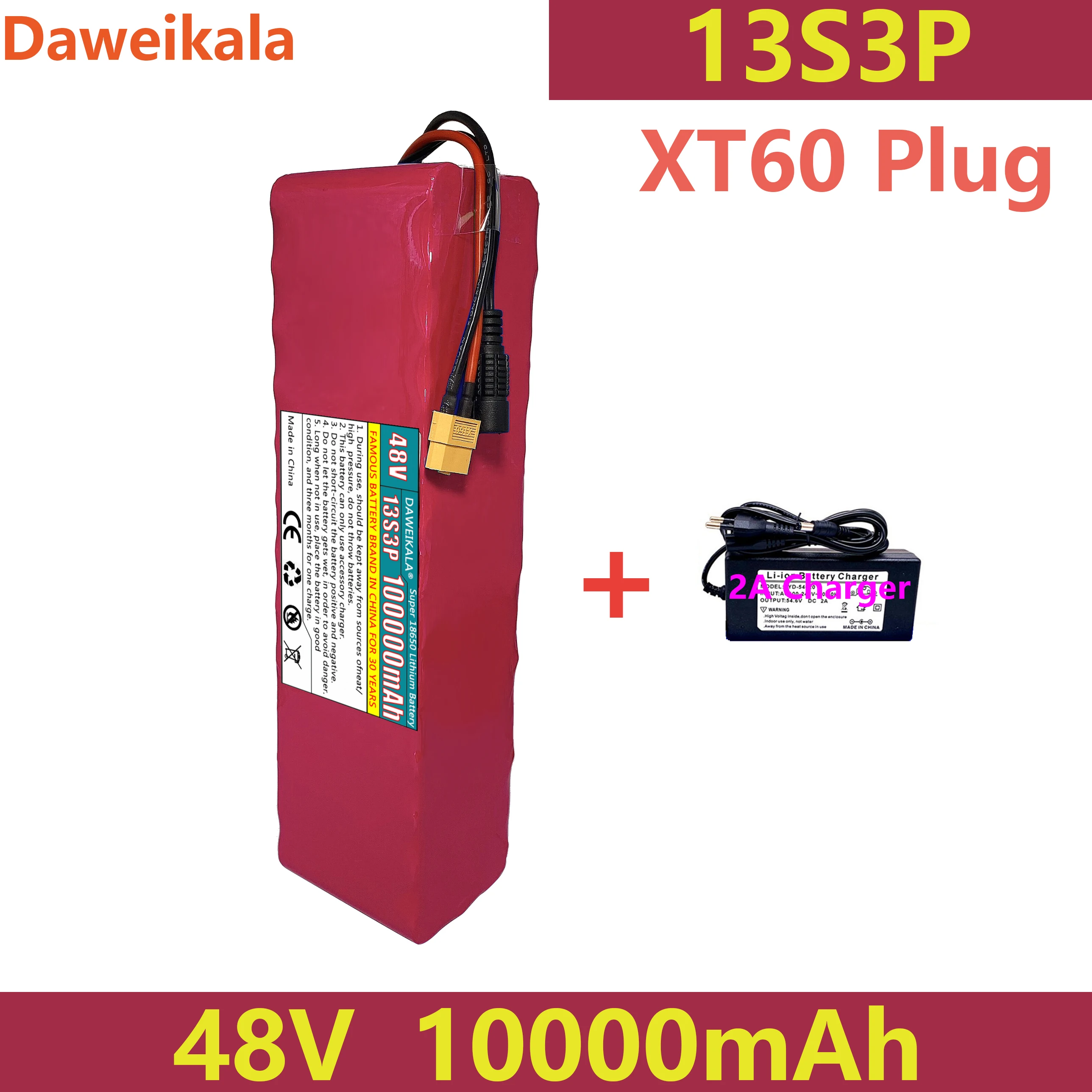 

New 48V 10Ah 1000w 13S3P XT60 48V Lithium-ion Battery Pack 100000mah for 54.6v E-bike Electric Bicycle Scooter with BMS+charger