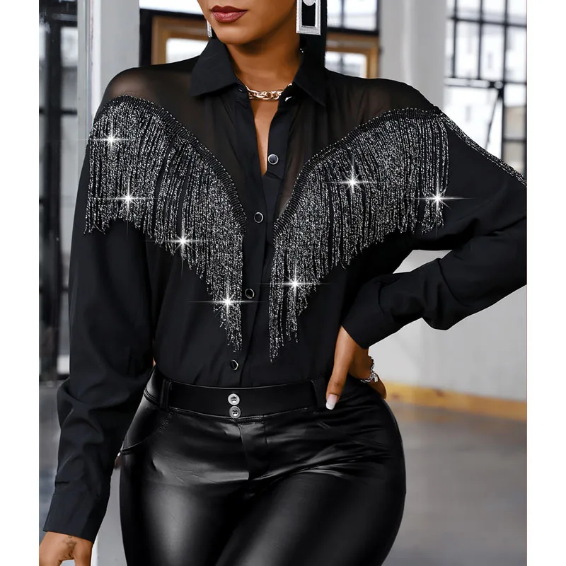 

Women Bling Casual Gothic Black Shirt 2022 Spring Summer Female Clothing Tops Designer Luxury Clothes