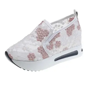 Floral Embroidery Breathable Sheer Mesh Sneakers Platform Wedge Sneakers Slip On Shoes Breathable Spring Lace Mesh Casual Shoes 1