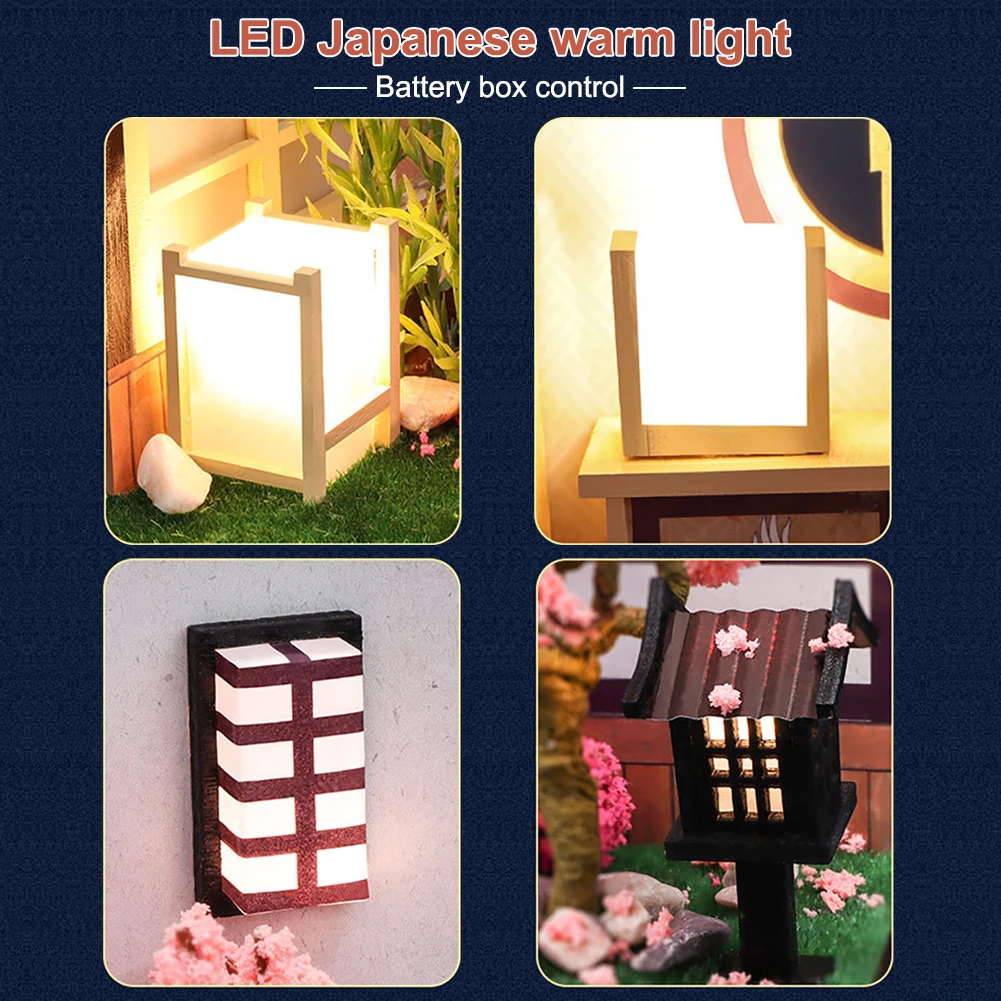 BZDA DIY Wooden Dollhouse Japanese Sushi Restaurant Sakura Assembled Miniature With Furniture Doll House Puzzle Toy For Children | Игрушки и