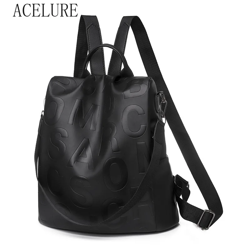 

ACELURE New Anti-theft Soft PU Leather Backpack Casual Fashion Large Capacity Travel Bag Simple Letter Black Students School Bag