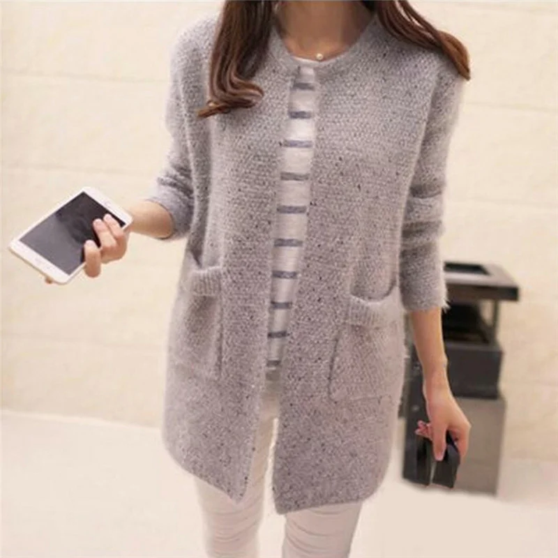 

Hot sale Winter Warm Fashion Women Solid Color Pockets Knitted Sweater Tunic Cardigan New Crochet Ladies Sweaters Tricotado Card