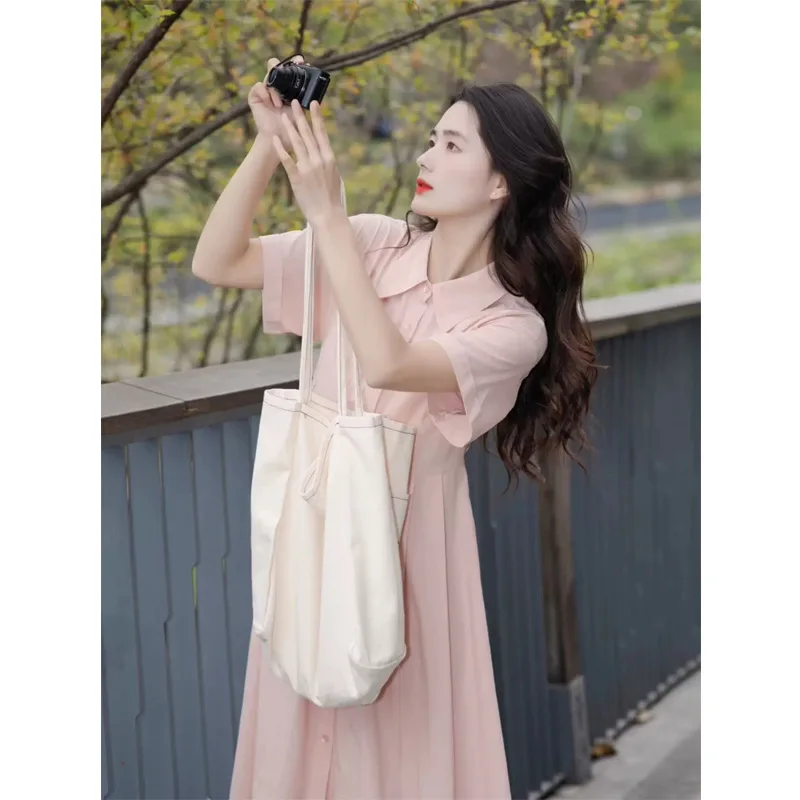 

2023 Summer New College Style Casual Shirt Dress with A Slim Pink Polo Neck A-line Long