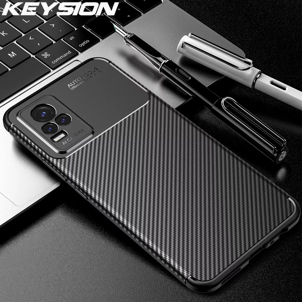 

KEYSION Shockproof Case for VIVO V21e V21 5G Carbon Fiber Texture Silicone Phone back cover for VIVO Y73 5G Y72 5G Y52 5G Y53S