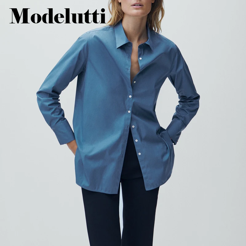 

Modelutti 2022 New Spring Autumn Fashion Cotton Poplin Shirt Solid Color Basic Long Sleeve Blouses Simple Casual Top Women
