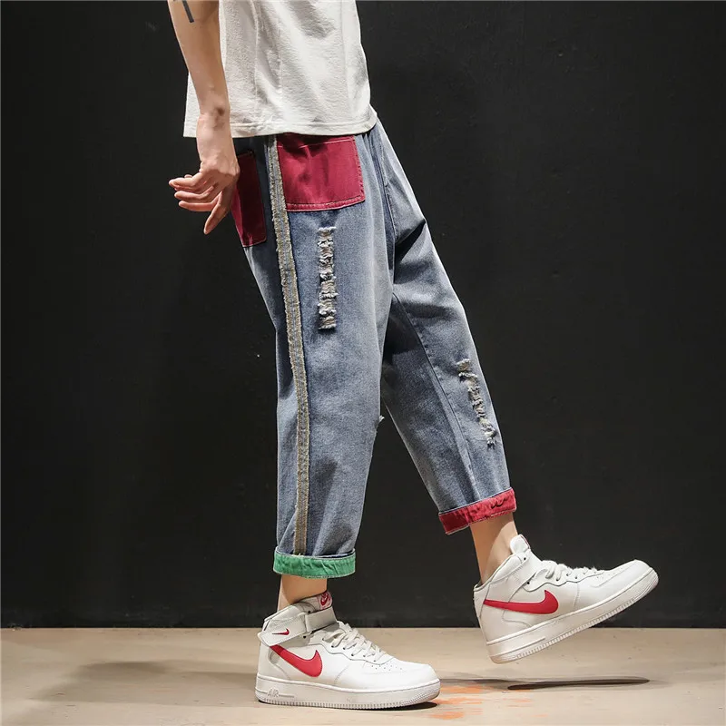 Mens fashion contrast color nine points thin plus size jeans spring and summer loose harem pants Korean version baggy jeans
