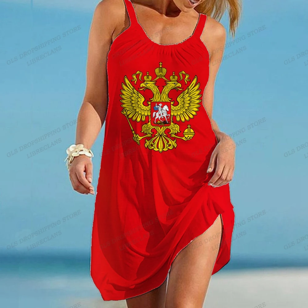 

Russian Flag Dress Midi Bohemian Strap Beach Dress Sleeveless Plus Size Loose Party Evening Dresses Women Fashion Sundress Hem