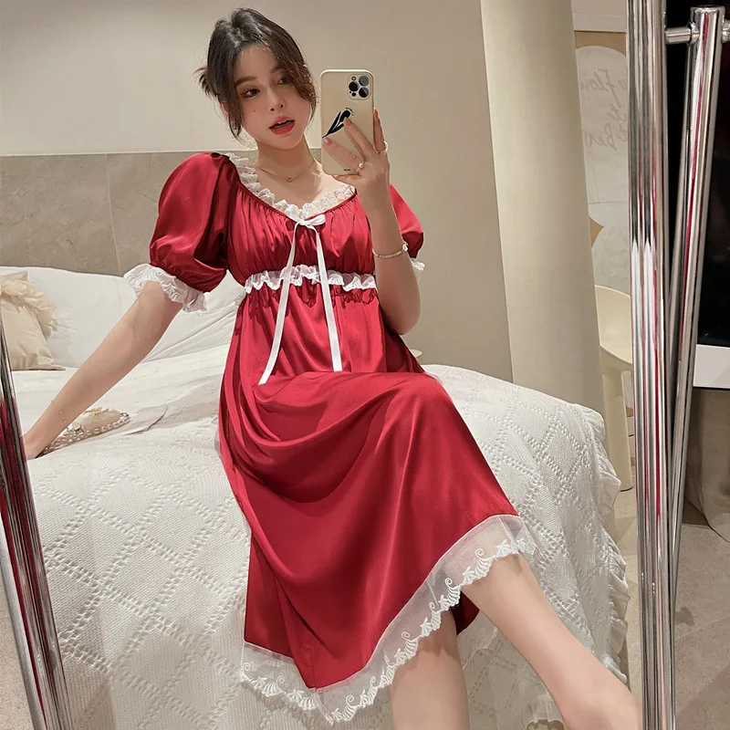 Summer Nightgowns Sleepshirts Pajamas Ice Silk Short Sleeve Vintage V-neck Nightdress Women's Sleep Lace Silk Sexy Home Wear