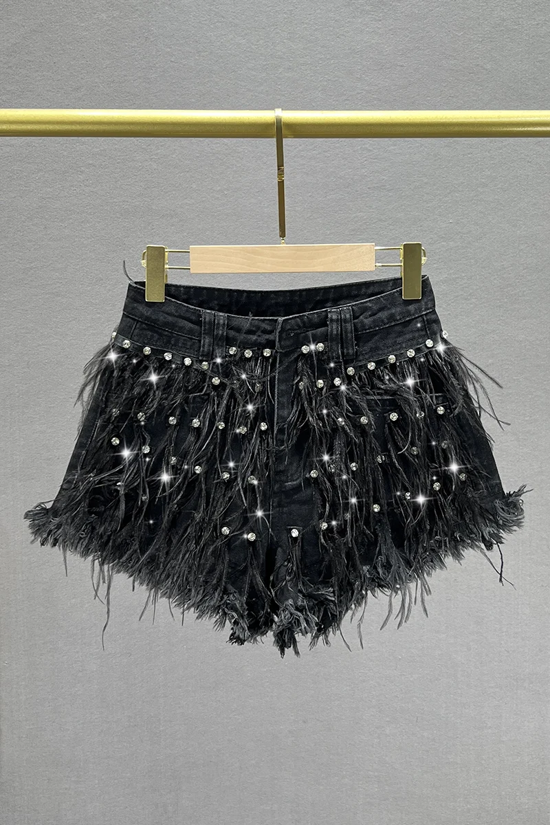 Exquisite Rhinestone Hot Pants Women 2023 New Summer High Waist Shorts Slimming Women's Denim Shorts Tassel Wide-Leg Pants