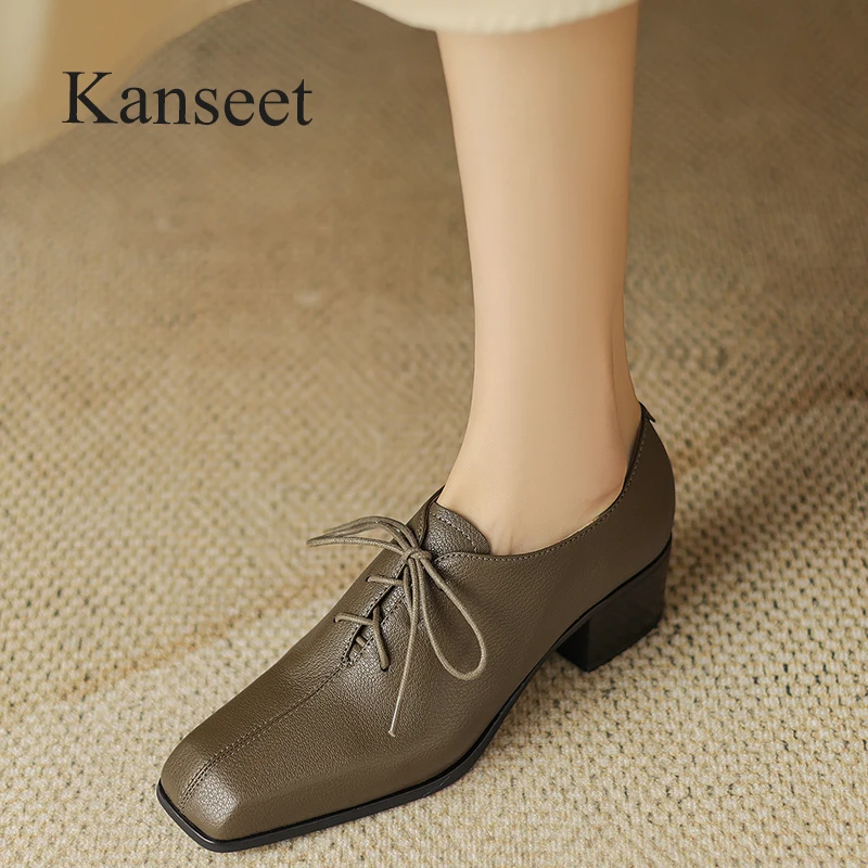 

Туфли Kanseet женские на среднем каблуке, натуральная кожа, на шнуровке, квадратный носок, повседневная обувь ручной работы, 40 зеленых цветов, весна-осень