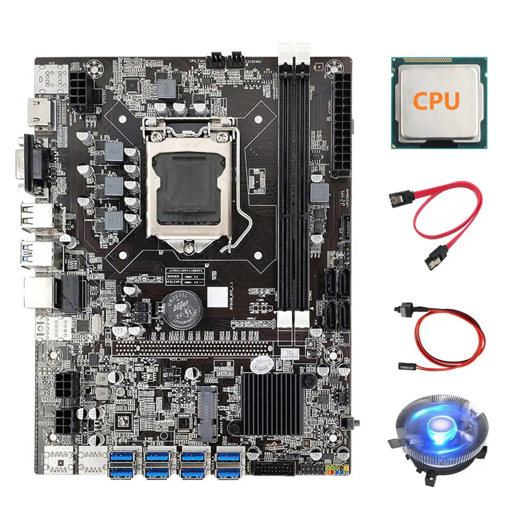 

B75 BTC Mining Motherboard+CPU+Cooling Fan+SATA Cable+Switch Cable LGA1155 8XPCIE USB Adapter DDR3 MSATA Motherboard