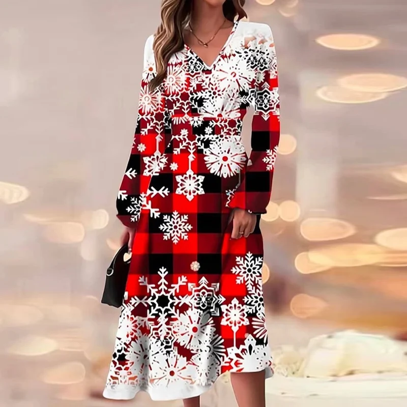 

Женское элегантное свободное платье с V-образным вырезом, повседневные женские платья-трапеции с длинным рукавом, длинное платье с принтом в виде рождественских снежинок