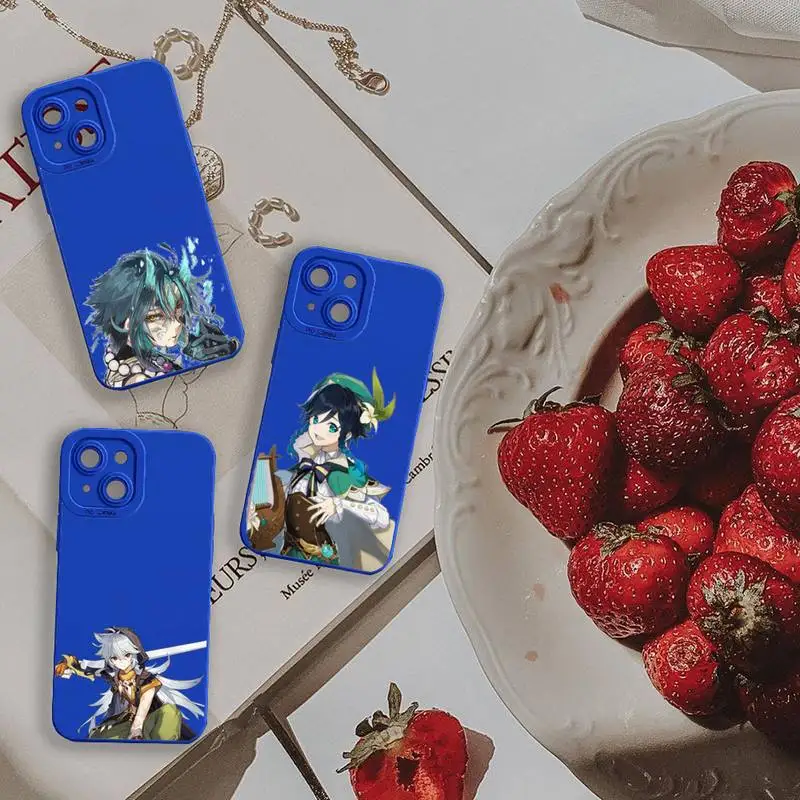 

genshin impact game Camera Lens Liquid Silicone Klein Blue Phone Case For iPhone 13 12 11 Pro MAX Mini X XS XR 7 8 Plus