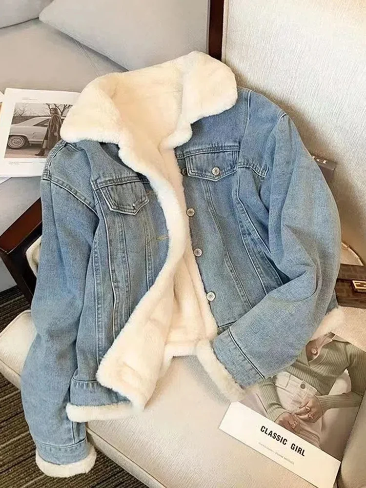 

Winter Fleece Thicken Denim Jacket Women Loose Oversized Casual Warm Jeans Coats Vintage Plush Cowboys Parkas Jean Coats Female