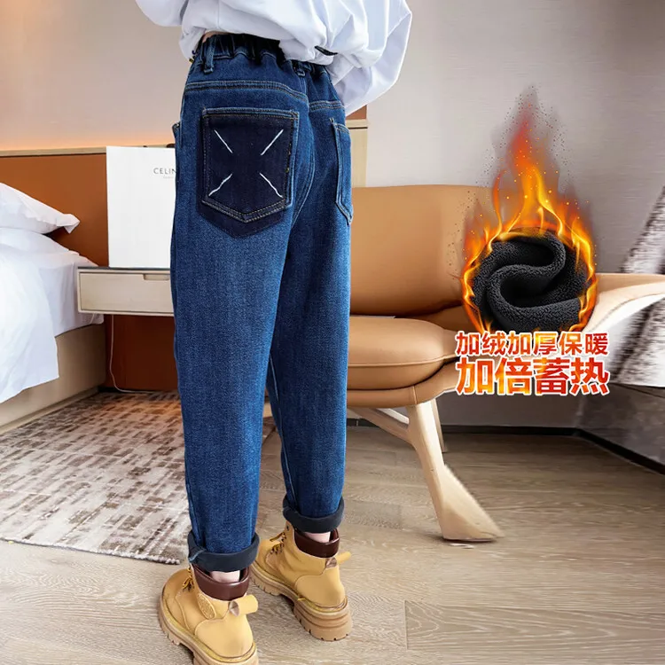 

Girls Thermal Jeans Winter Snow Warm Fleece Lined Stretch Jeans Kids Thicken Pants Baggy Students Harem Quality Russia Trousers