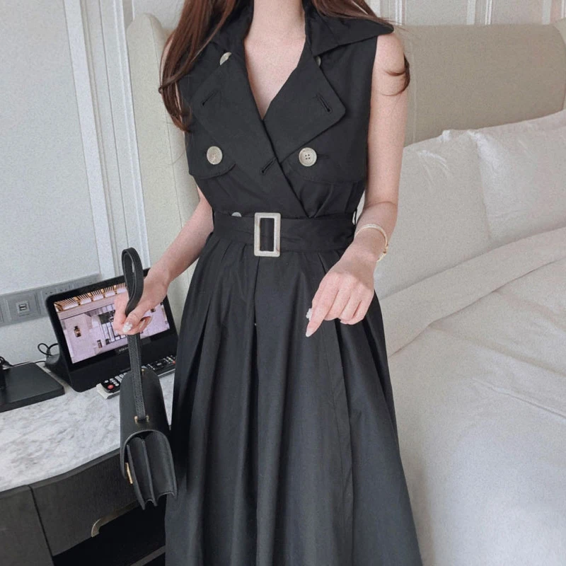

Black Dress for Women with Belt 2023 Summer Double Breasted Elegant Bodycon Dress Ladies Office High Waisted Vestido Business
