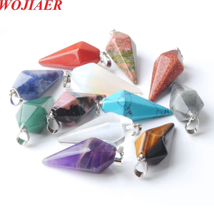 

WOJIAER Natural Crystal Rose Quartzs Stone Pendant Pyramid Reiki Chakra Healing Charm Dangle DIY Jewelry Women Necklace BZ905