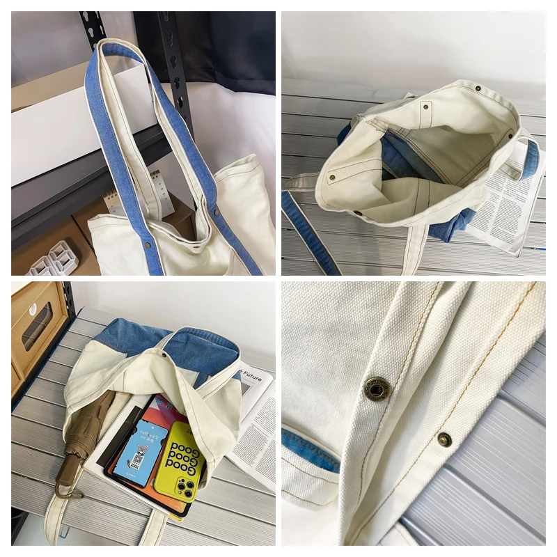 Denim Handbags For Women College Student Canvas Shoulder Bag Student Jeans Big Shoppers Eco Bag Korean Fashion Daily Bags Travel