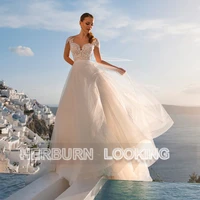 herburnl princess simple wedding dress 2022 tulle satin button off the shoulder customized lace apliques robe de mari%c3%a9e