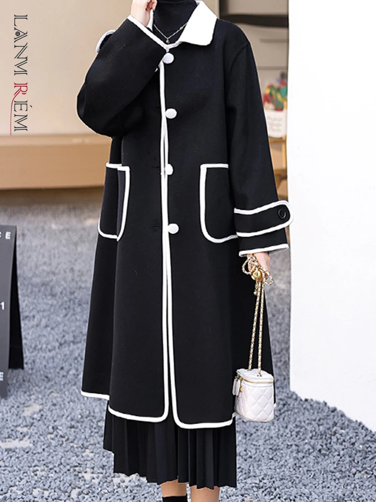 

LANMREM, длинное шерстяное пальто в Корейском стиле, женское однобортное пальто с лацканами и карманами контрастного цвета, одежда, новинка зимы 2023, 2AA2843