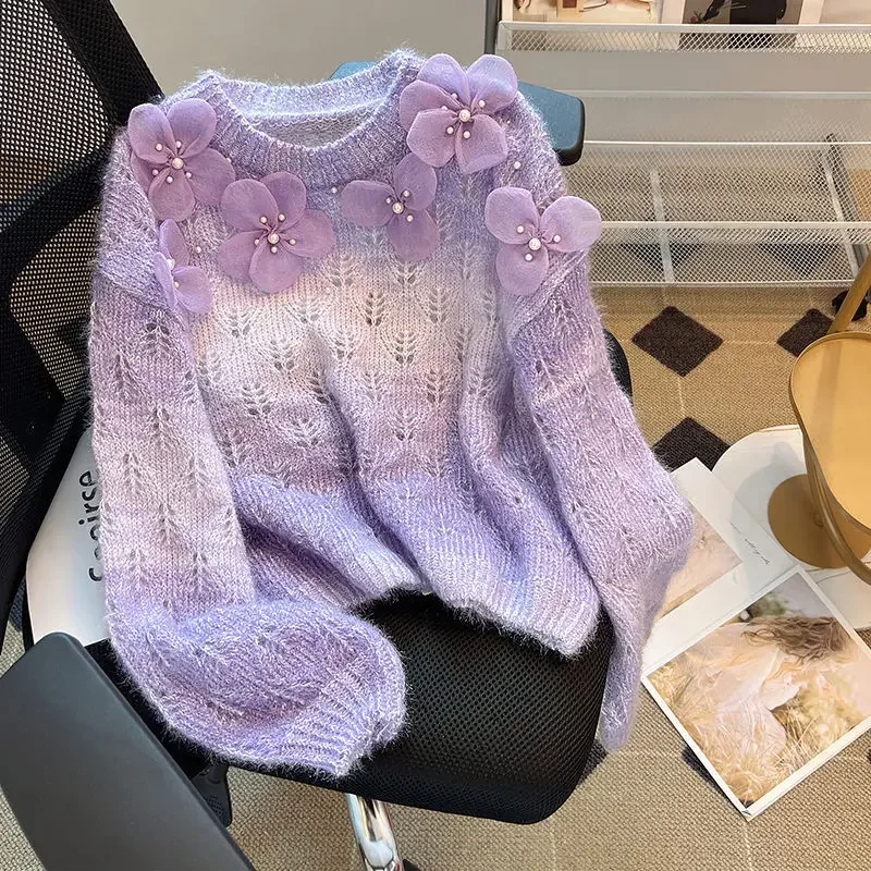 Постепенный фиолетовый свитер пальто женский осенне-зимний 2024 новый модный