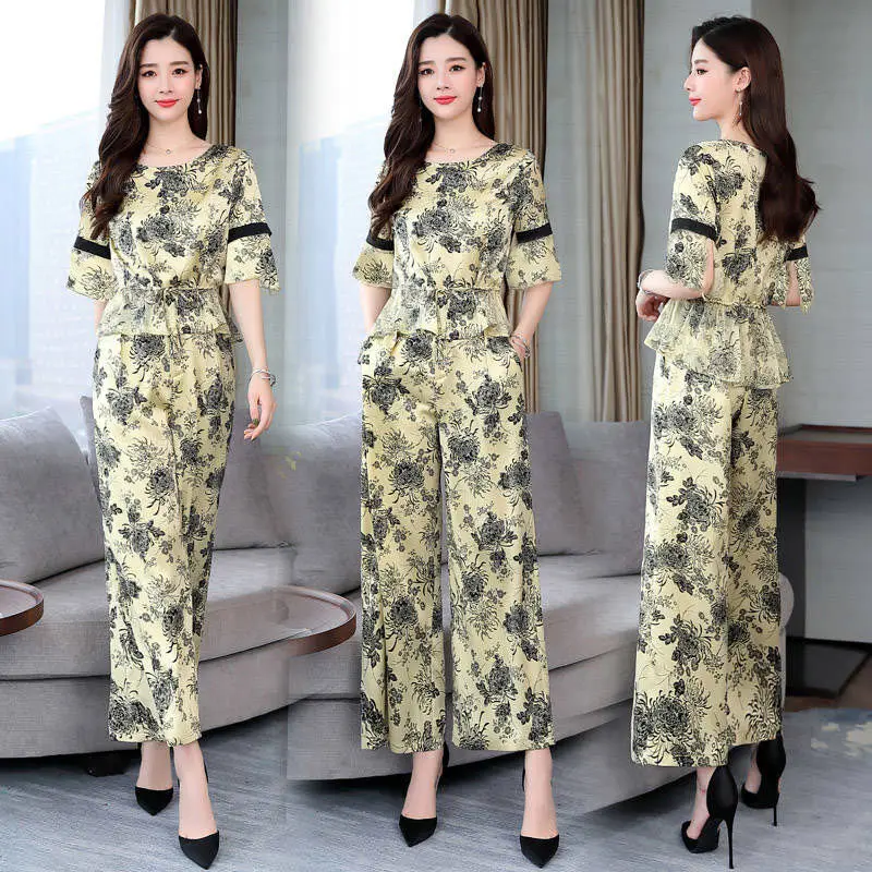 

2022 Women's Summer New Two-piece Sets Female Short Sleeve Chiffon Floral Blouse Tops + Wide-leg Pants Ladies Casual Suits W98