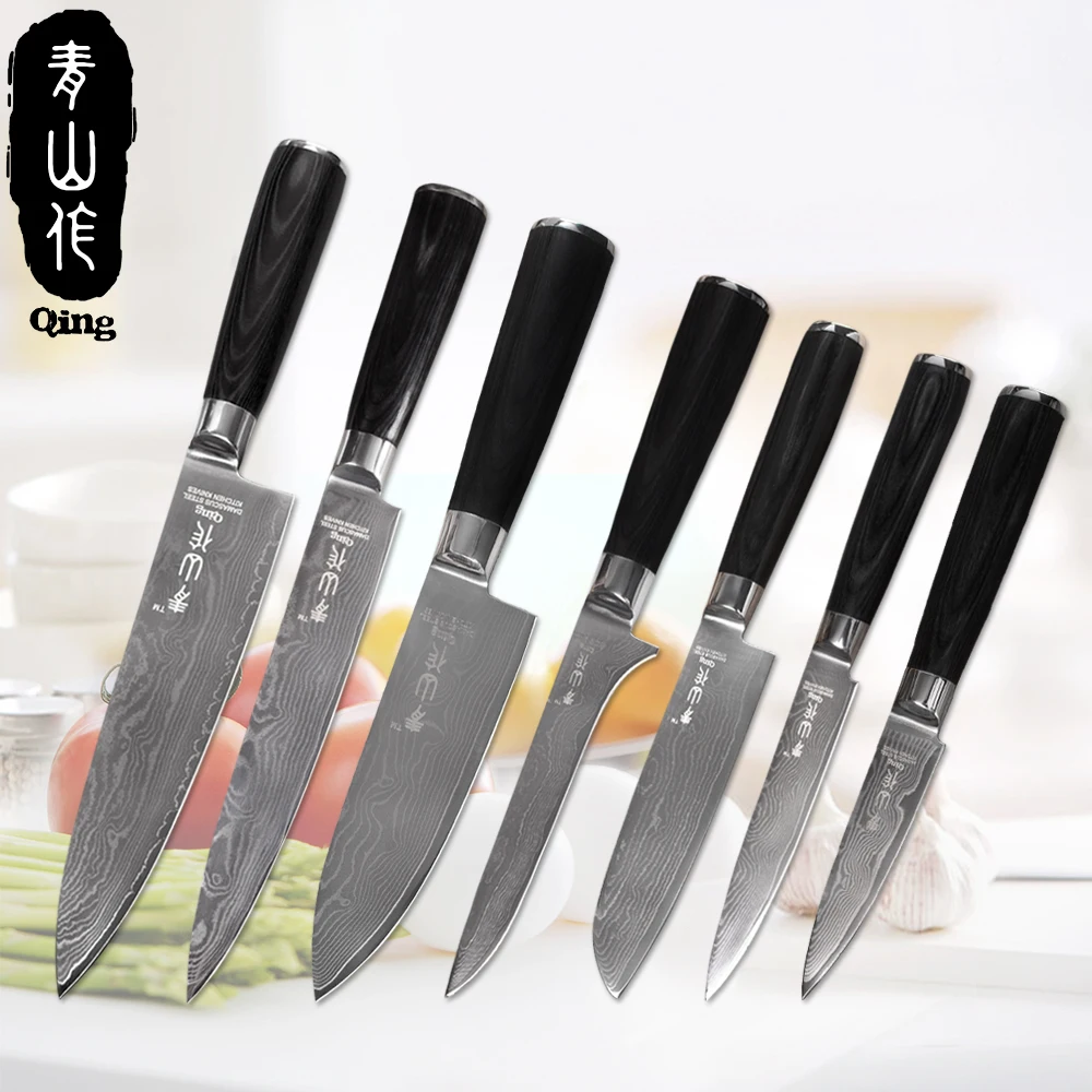 

Qing Damascus Knives VG10 Damascus Steel Kitchen Knife Slicing Bread Santoku Nakiri Meat Vegetable Cooking Damascus Chef Knives