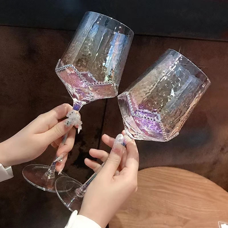 2pcs High Grade Crystal Diamond Wine Glasses Vintage Champagne Cup Creative Rainbow Goblet European Household Drinking Glasses