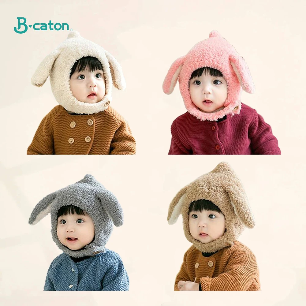 Enlarge Cute Baby Hat Rabbit Ears Soft Plush Ear Protection Baby Warm Caps Solid Color Autumn Winter Earflap Bonnet Hat for Baby 5-24M