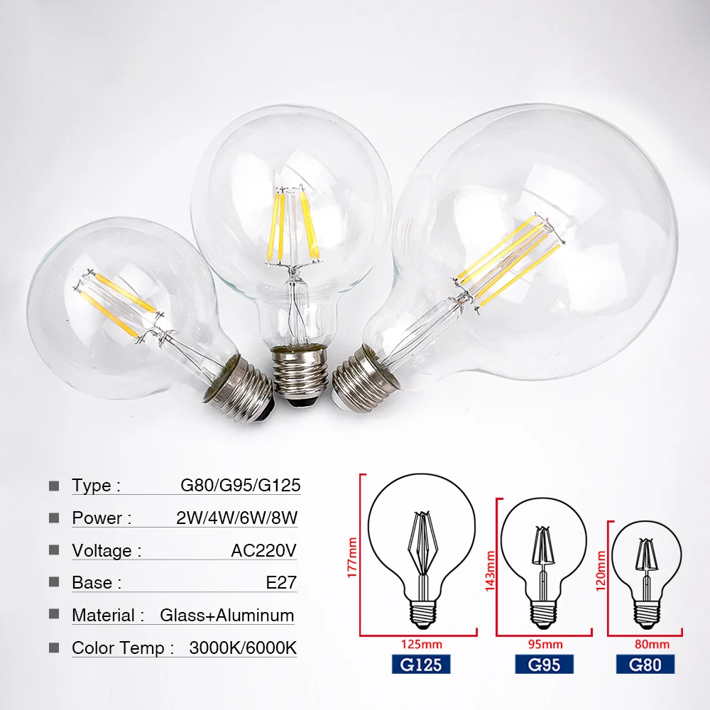 Фото 1-10 шт. E27 G80 G95 G125 LED-лампа с накаливающейся нитью 2Вт-8Вт AC 220В Теплый белый Холодный белый Винтажная ретро-декоративная стеклянная лампа для дома №2