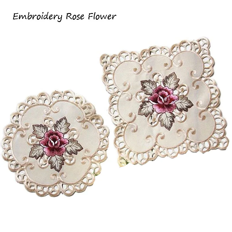 

HOT ins satin Rose flower embroidery place table mat cloth pad cup doilies coffee tea coaster Christmas wedding placemat kitchen