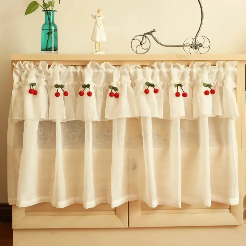 

Korean Style Fresh Linen Short Curtain for Kitchen Small Window Half Curtain Cherry Decorative Valance Tulle Door Curtain Drape