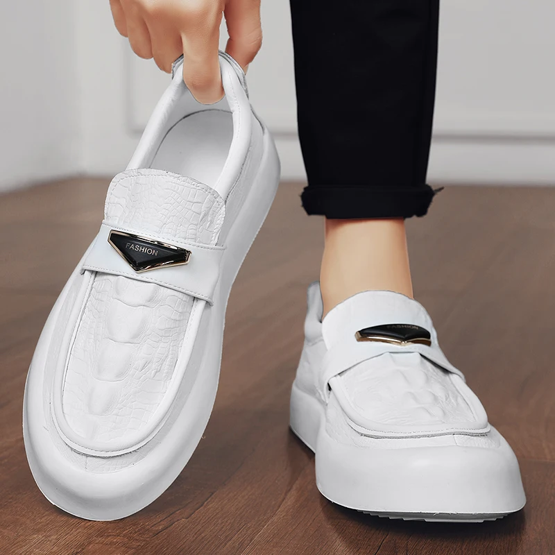 

Men White Formal Loafer Shoes High Heels Oxfords Soft Mocassins Male Wedding Height Increase Dress Driving Boat Shoes Gommino