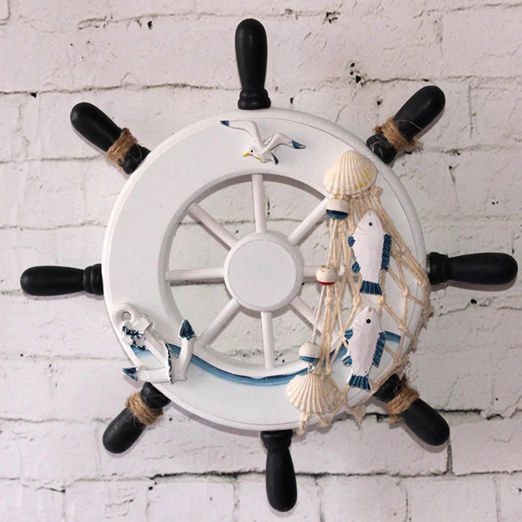 

28CM Beach Wooden Ship Wheel Wood Anchor with Rope Nautical Boat Steering Wheel Rudder Anchor Wall Decor Door Hanging Ornament