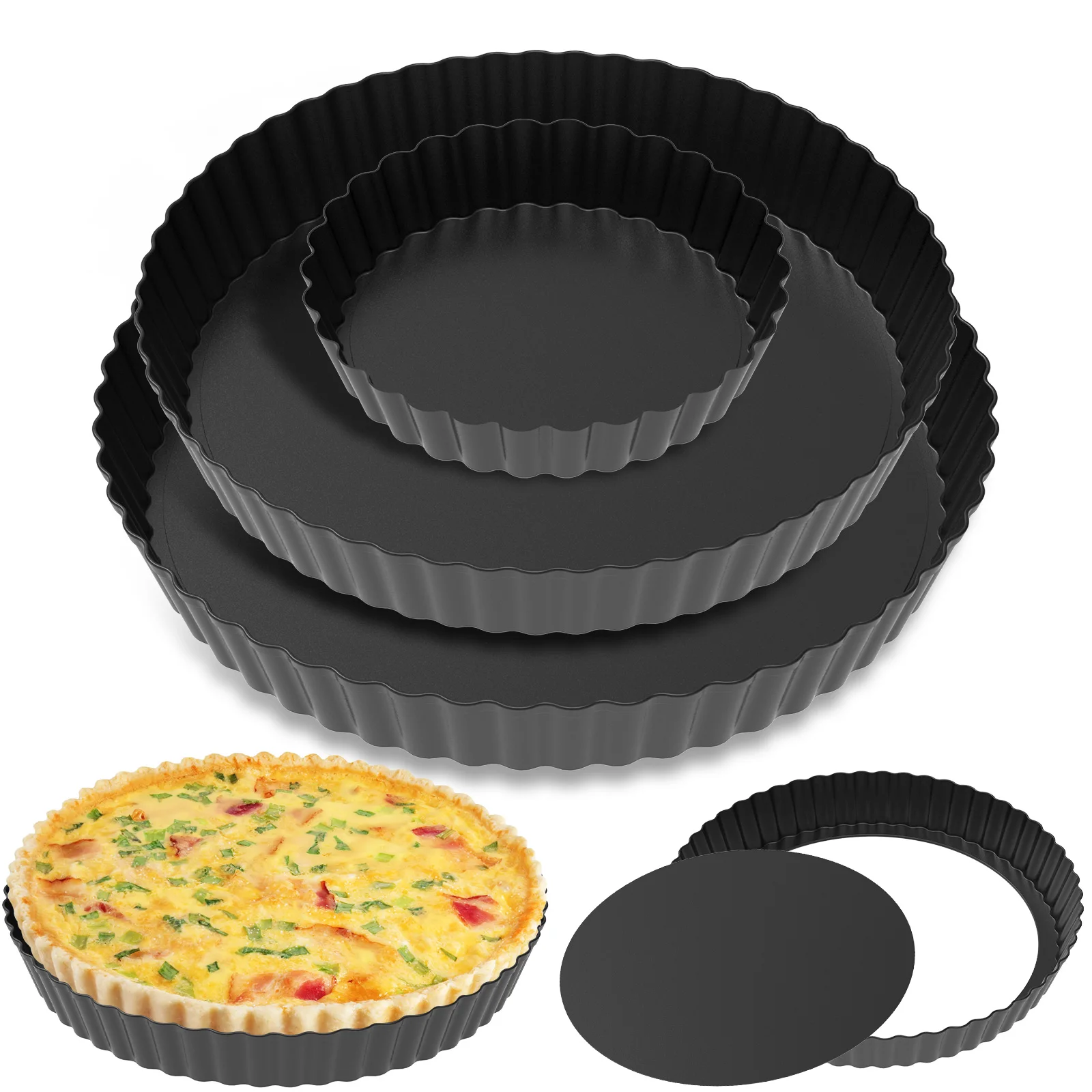 

New 3Pcs Quiche Dish Non-Stick Quiche Tins with Removable Bottom Easy to Release Pie Baking Trays Multipurpose Pizza Baking Tins