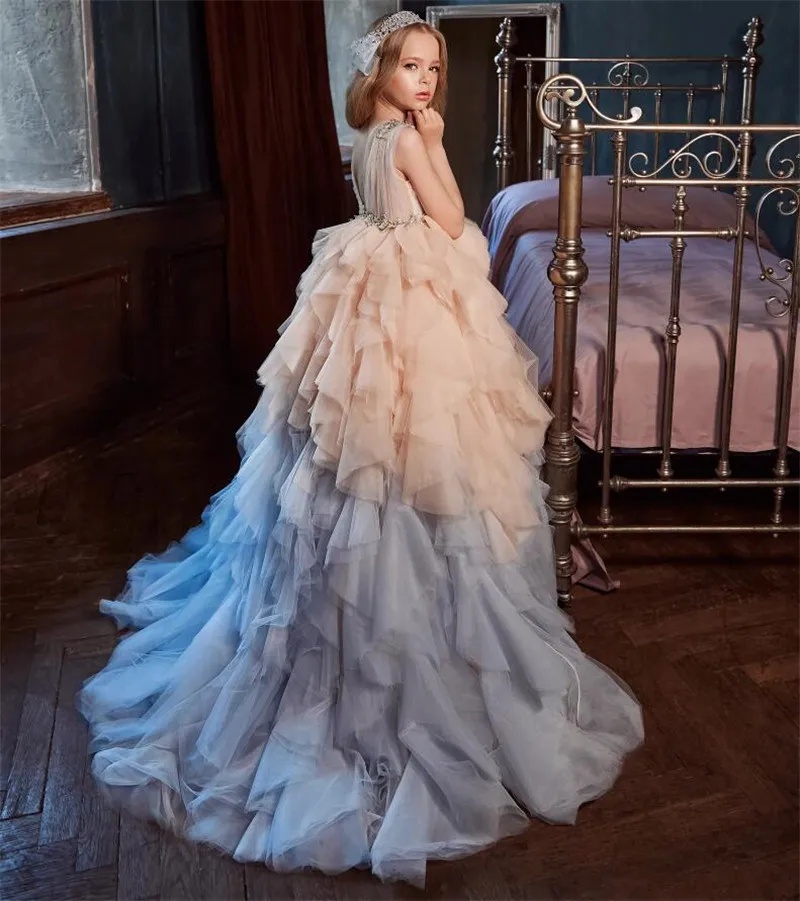 

Tiered Flower Girl Dress For Wedding Tulle Ruffles Beading Fluffy Sleeveless V-Back Birthday Party First Communion Ball Gowns