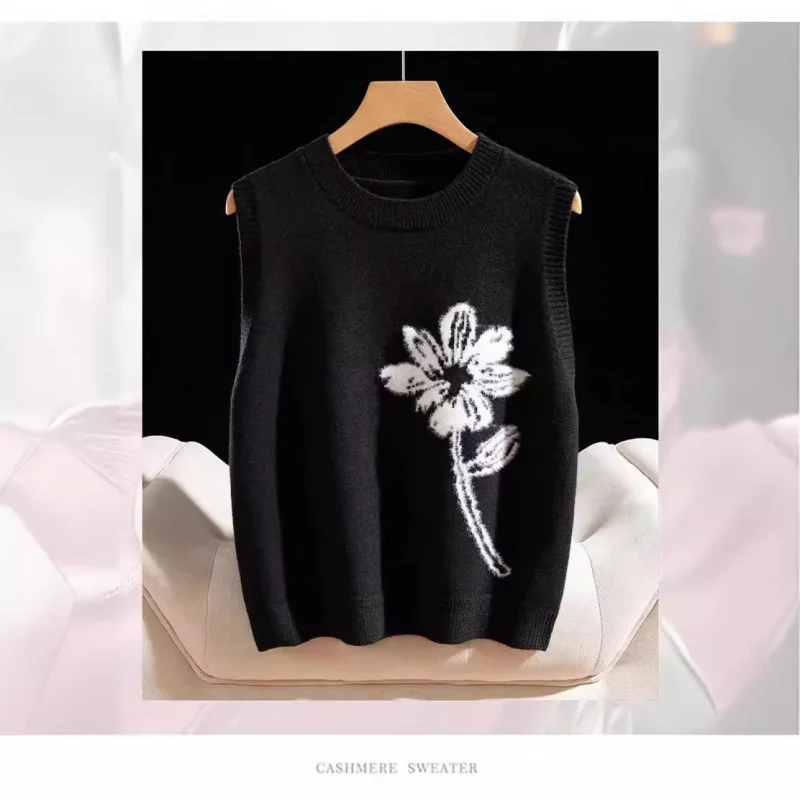 Весенне-осенний новый женский шерстяной вязаный жилет с вышитым цветком круглым