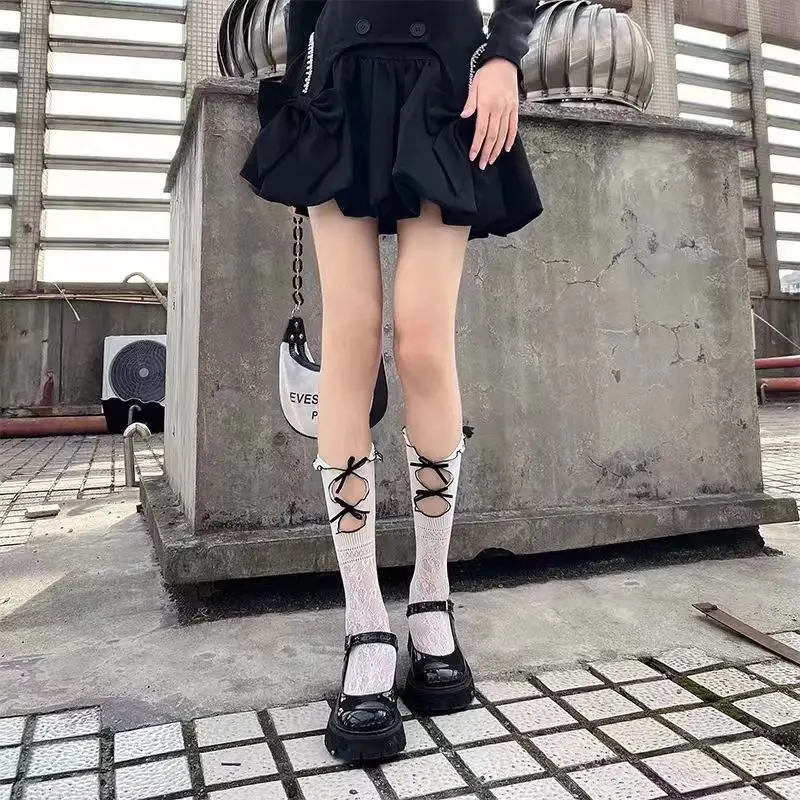 Hollowed-Out Mesh Socks For Women Jk Double Spring Summer Thin Lace Bow Mid-Calf Lolita